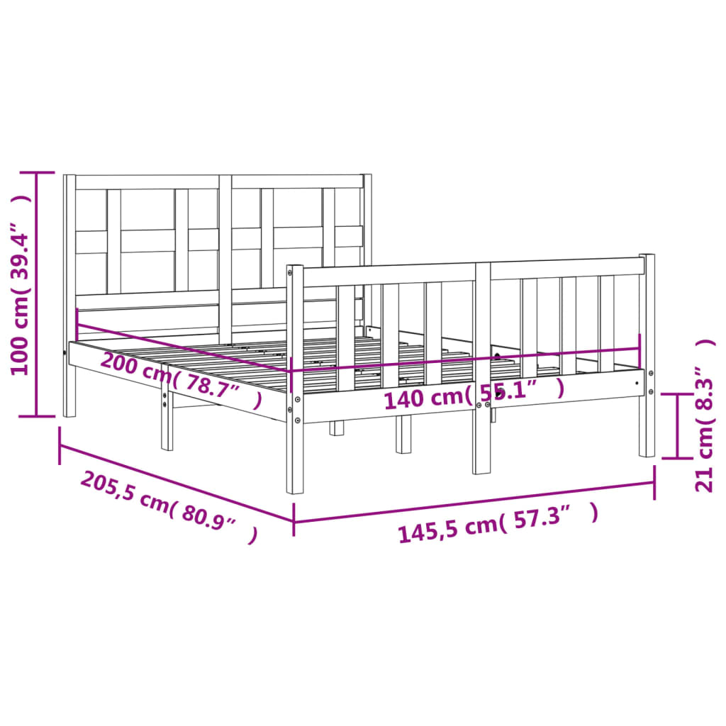 vidaXL fekete tömör fa ágykeret fejtámlával 140 x 200 cm