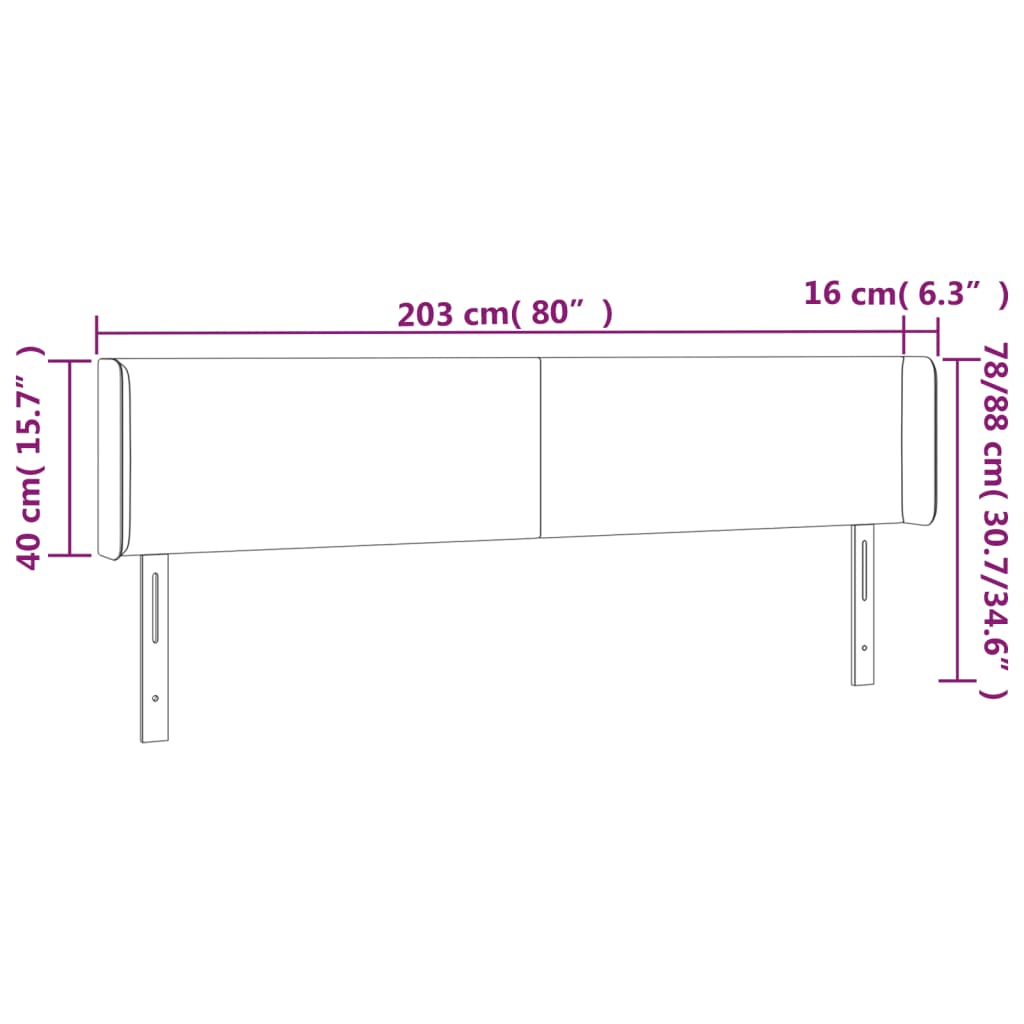 vidaXL fekete bársony szárnyas fejtámla 203x16x78/88 cm