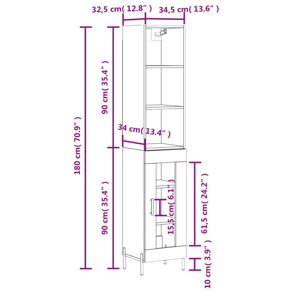 vidaXL magasfényű fehér szerelt fa magasszekrény 34,5 x 34 x 180 cm