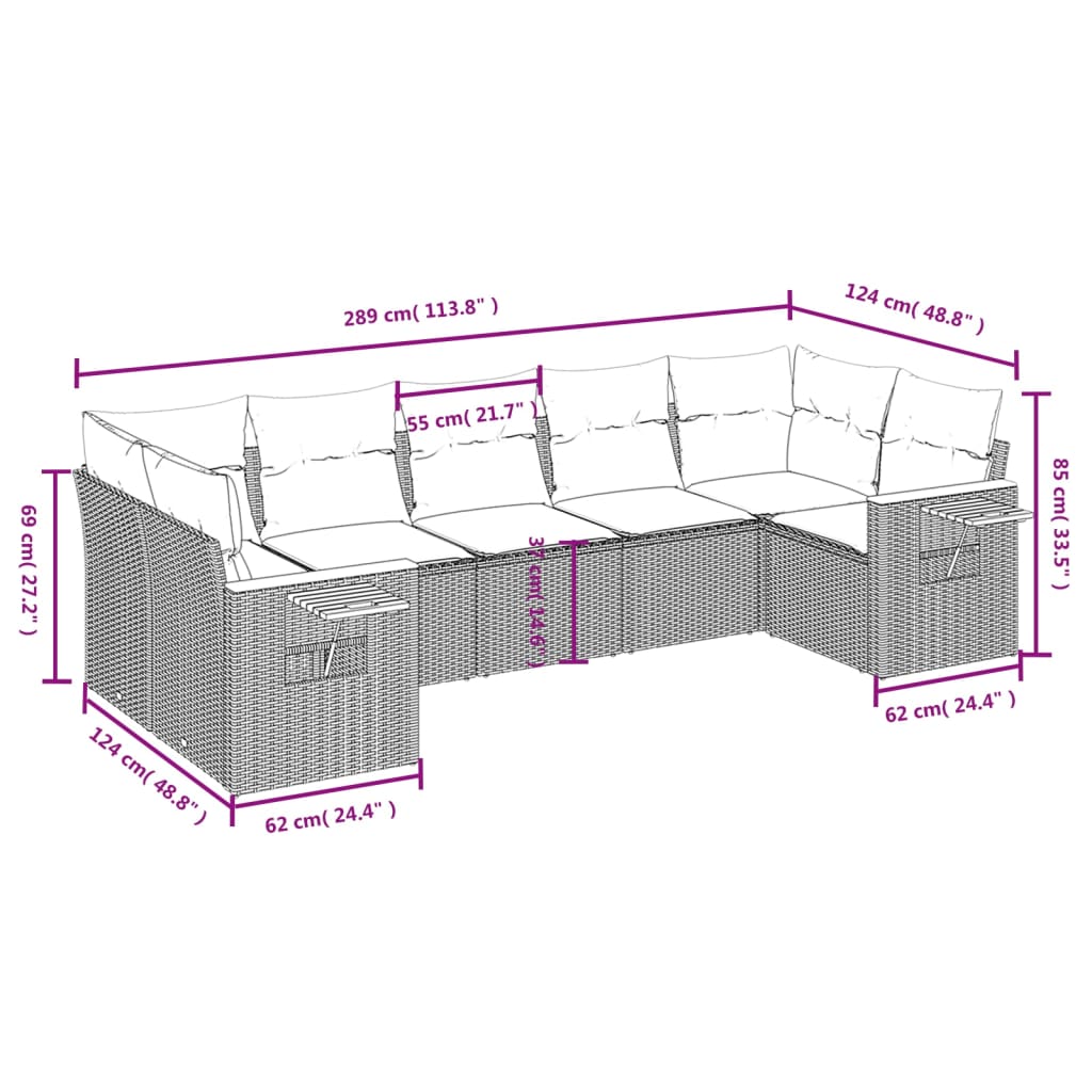 vidaXL 7 részes bézs polyrattan kerti ülőgarnitúra párnákkal