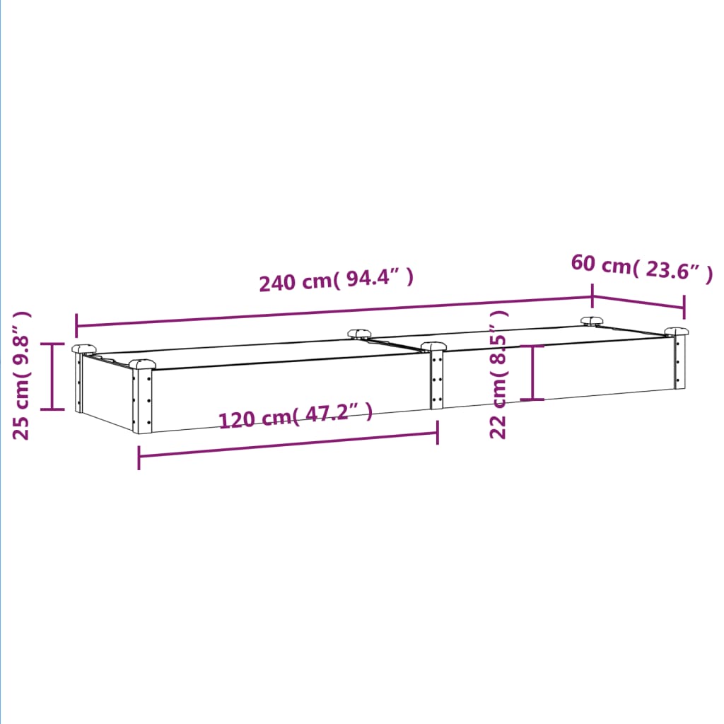 vidaXL barna tömör fenyőfa kerti magaságyás béléssel 240x60x25 cm