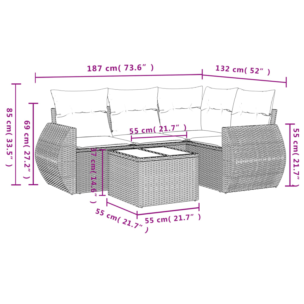 vidaXL 5 részes szürke polyrattan kerti ülőgarnitúra párnákkal