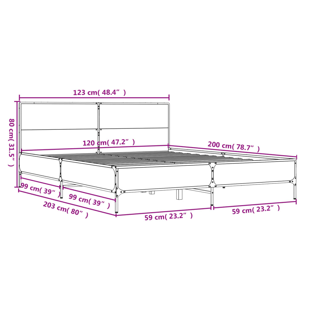 vidaXL barna tölgyszínű szerelt fa és fém ágykeret 120 x 200 cm