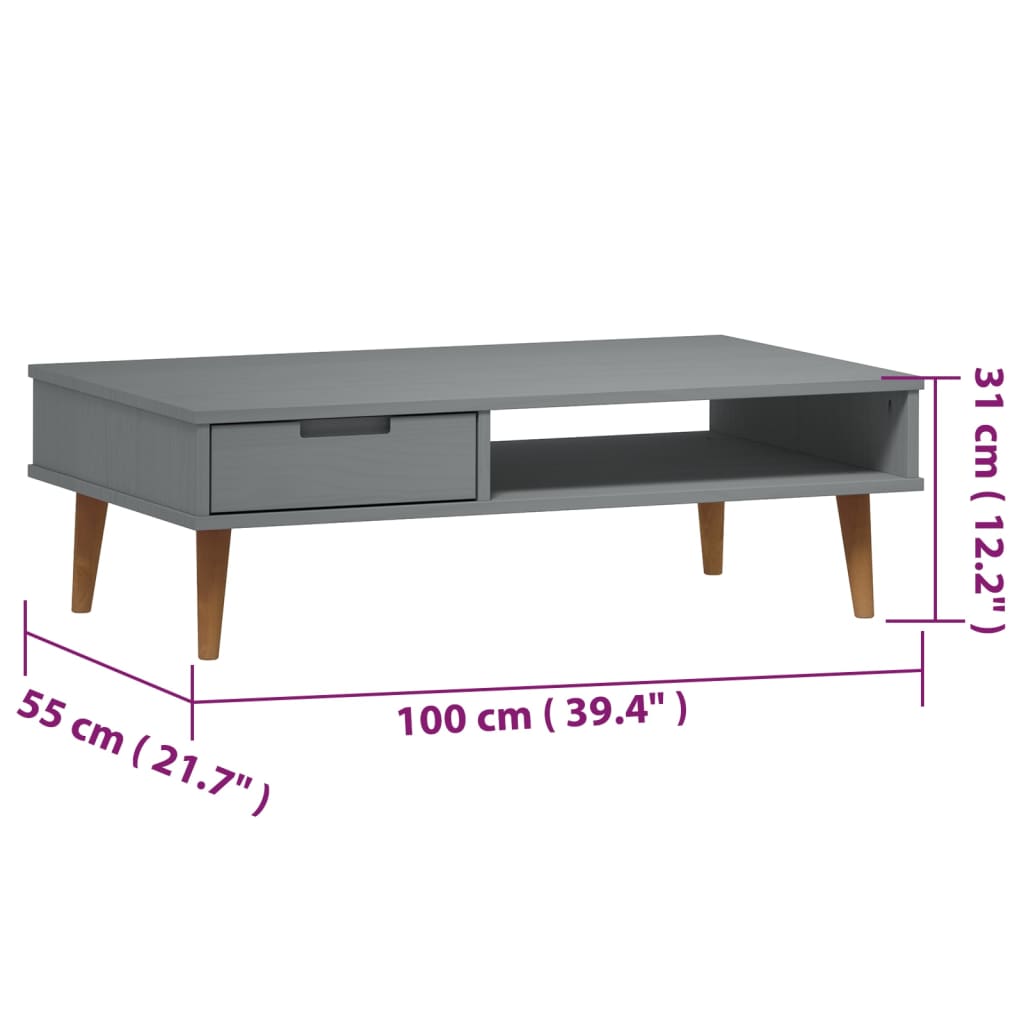 vidaXL MOLDE szürke tömör fenyőfa dohányzóasztal 100 x 55 x 31 cm