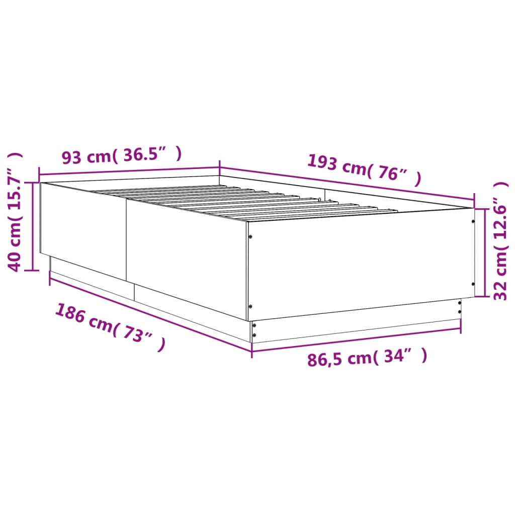 vidaXL sonoma tölgyszínű szerelt fa ágykeret LED-del 90 x 190 cm