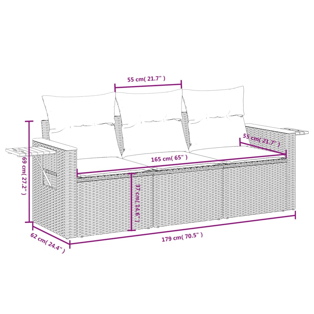 vidaXL 3 részes fekete polyrattan kerti ülőgarnitúra párnával