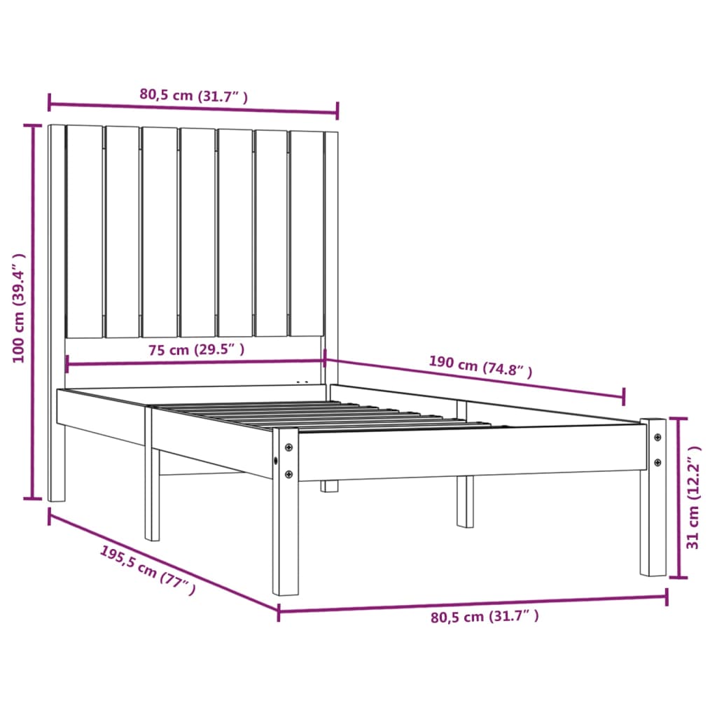 vidaXL Small Single mézbarna tömör fa ágykeret 75 x 190 cm