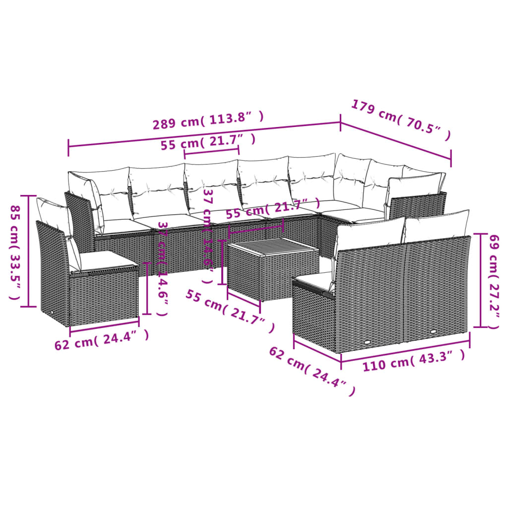 vidaXL 11 részes fekete polyrattan kerti ülőgarnitúra párnákkal