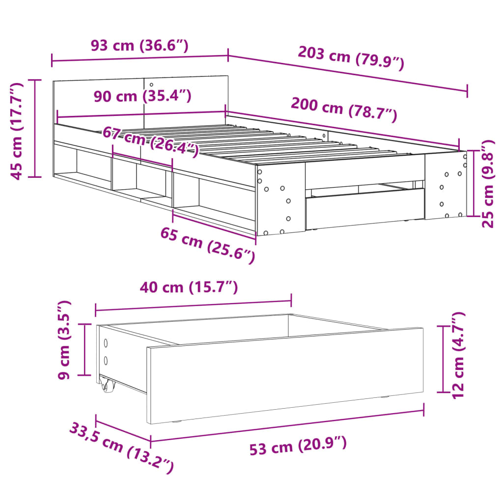 vidaXL sonoma tölgy színű szerelt fa ágykeret fiókkal 90 x 200 cm