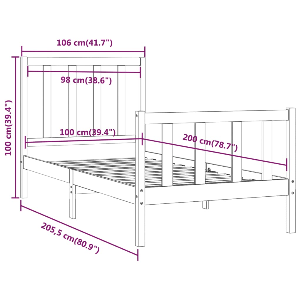 vidaXL fekete tömör fa ágykeret 100 x 200 cm