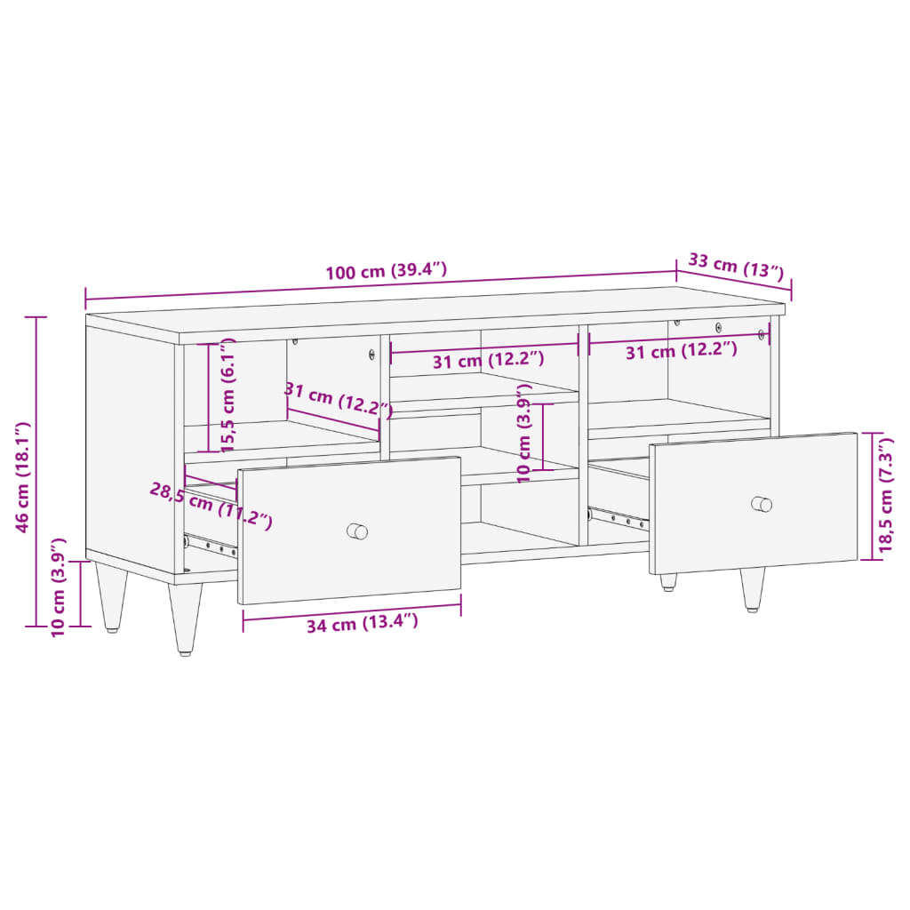 vidaXL tömör mangófa TV-szekrény 100 x 33 x 46 cm