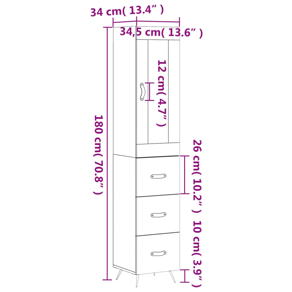 vidaXL fekete szerelt fa magasszekrény 34,5 x 34 x 180 cm