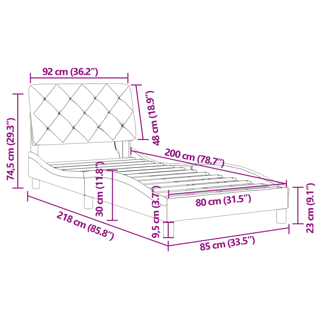 vidaXL fekete bársony ágykeret LED-világítással 80 x 200 cm