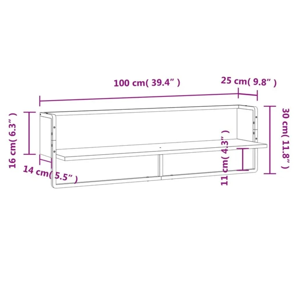 vidaXL füstös tölgy színű fali polc rúddal 100x25x30 cm