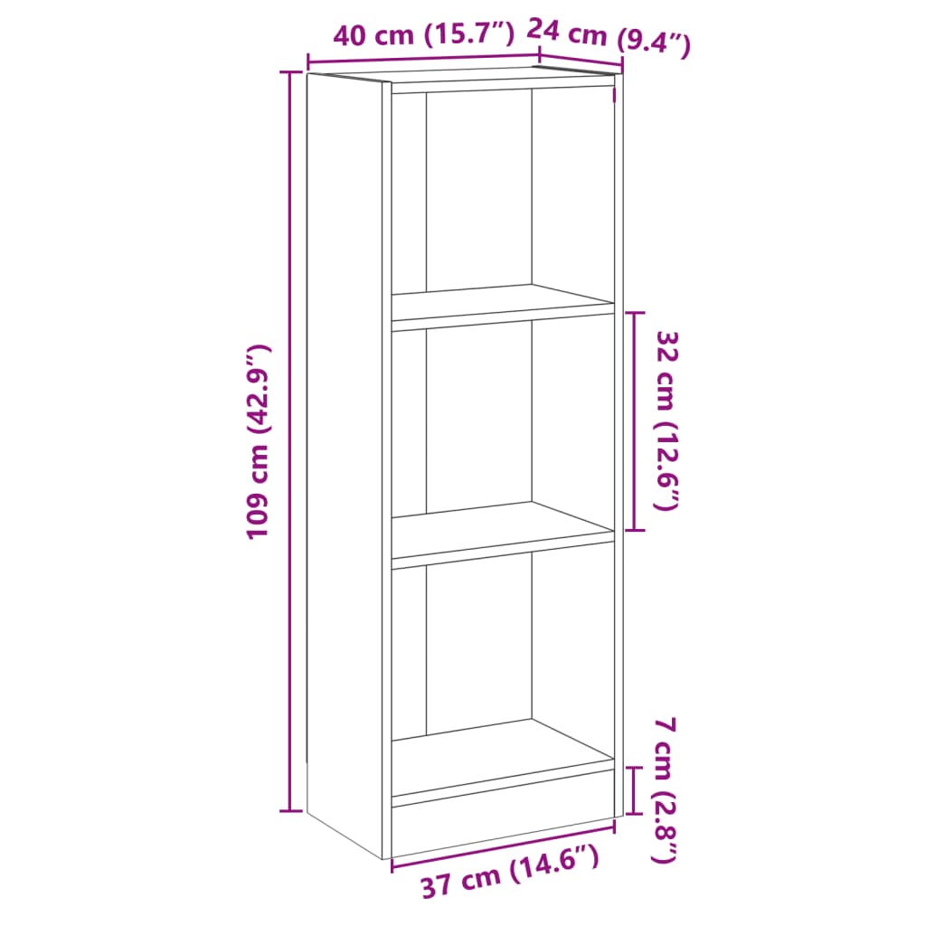 vidaXL 3-szintes fehér-sonoma szerelt fa könyvszekrény 40x24x109 cm