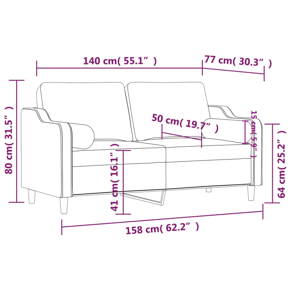 vidaXL 2 személyes fekete szövet kanapé díszpárnákkal 140 cm