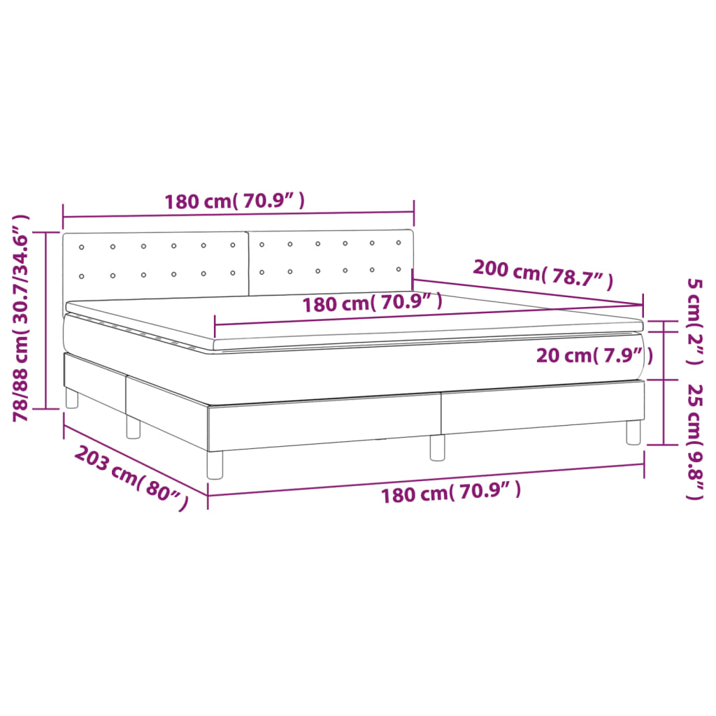 vidaXL sötétszürke bársony rugós és LED-es ágy matraccal 180x200 cm