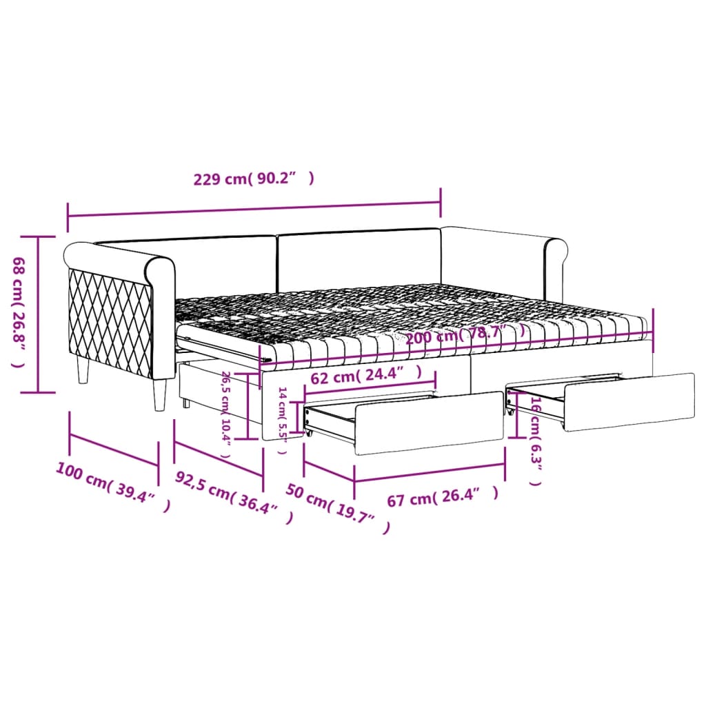 vidaXL világosszürke kihúzható bársony heverő fiókkal 90 x 200 cm