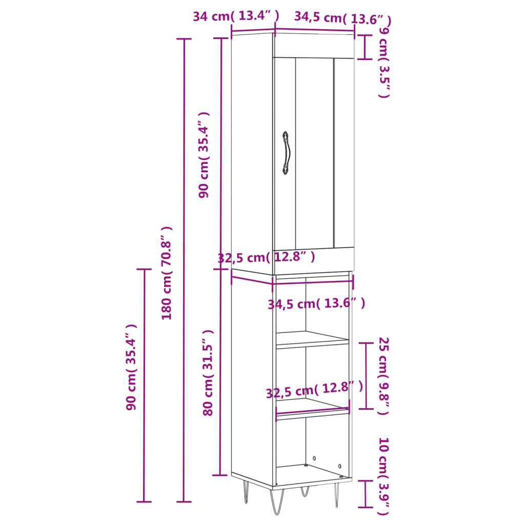 vidaXL füstös tölgy színű szerelt fa magasszekrény 34,5x34x180 cm