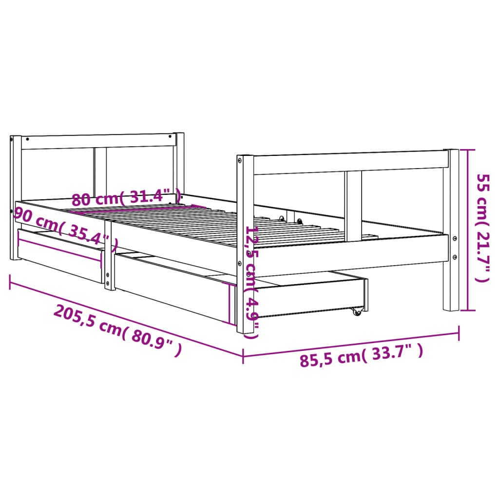 vidaXL tömör fenyőfa gyerekágykeret 80 x 200 cm