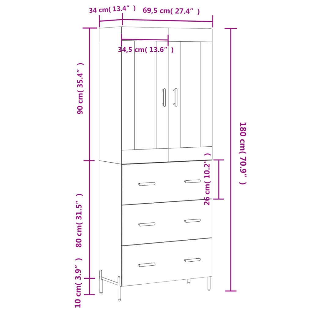 vidaXL betonszürke szerelt fa magasszekrény 69,5 x 34 x 180 cm