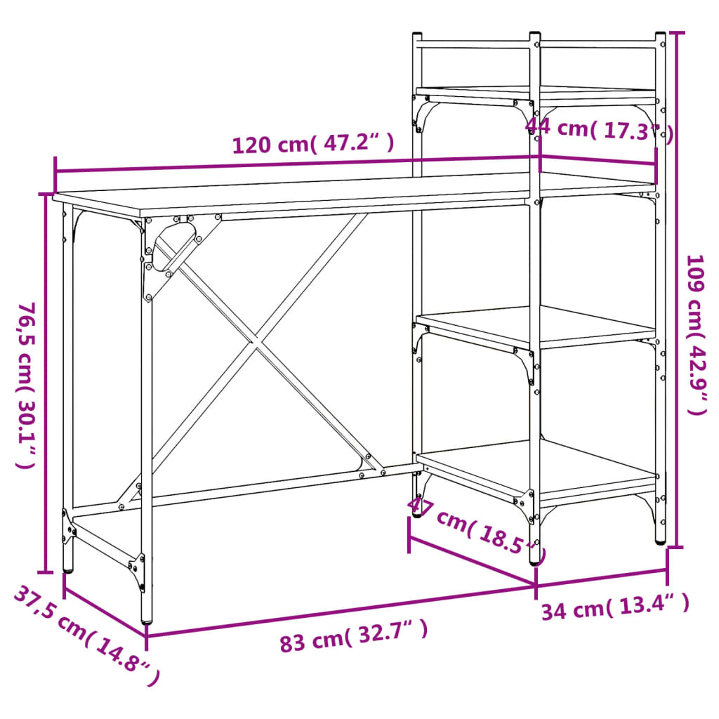 vidaXL sonoma tölgy számítógépasztal polcokkal 120x47x109 cm