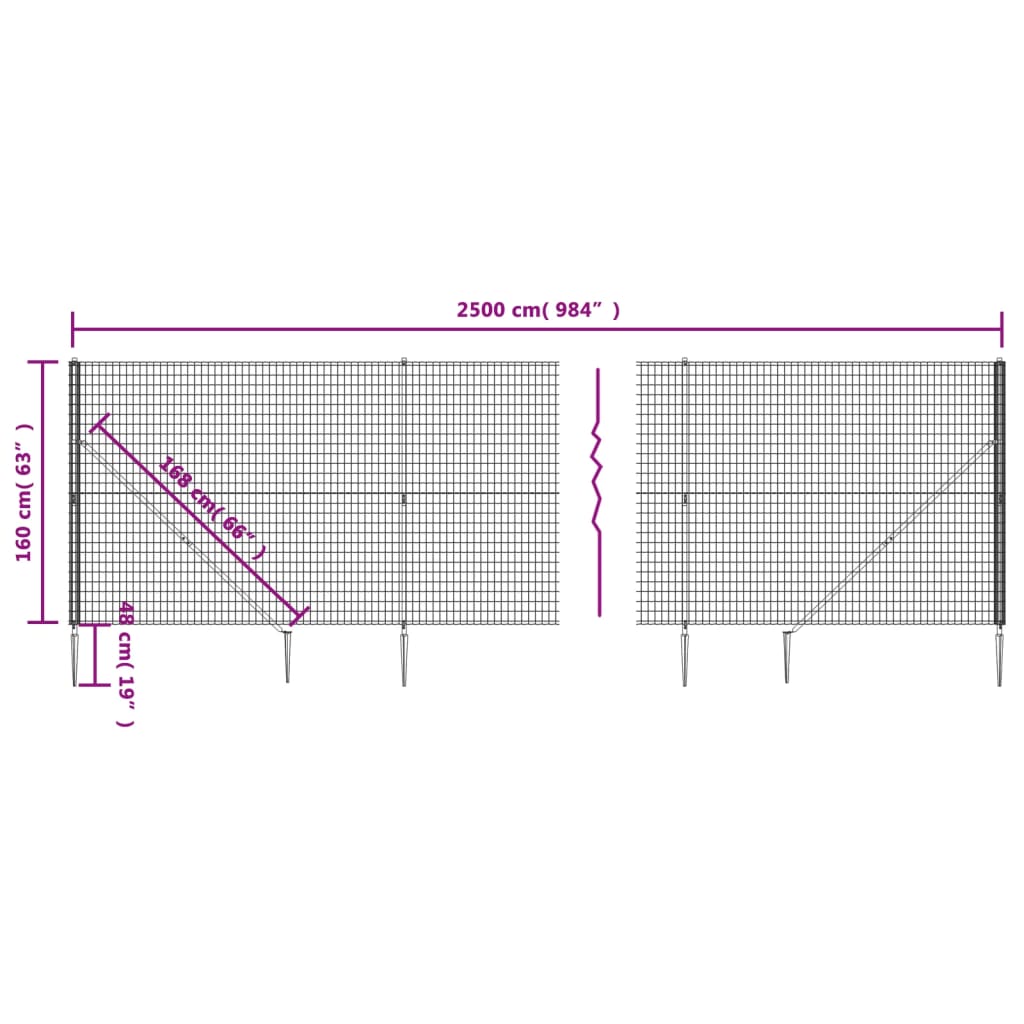 vidaXL antracitszürke dróthálós kerítés cövekekkel 1,6x25 m