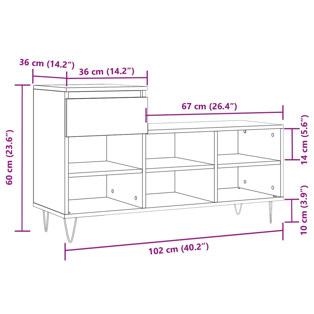 vidaXL füstös tölgy színű szerelt fa cipősszekrény 102 x 36 x 60 cm