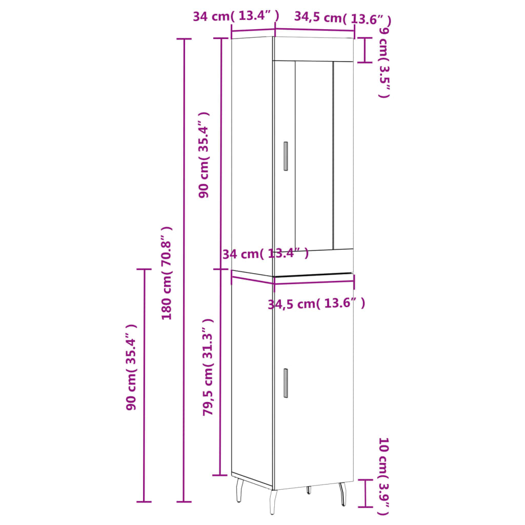 vidaXL szürke sonoma szerelt fa magasszekrény 34,5 x 34 x 180 cm