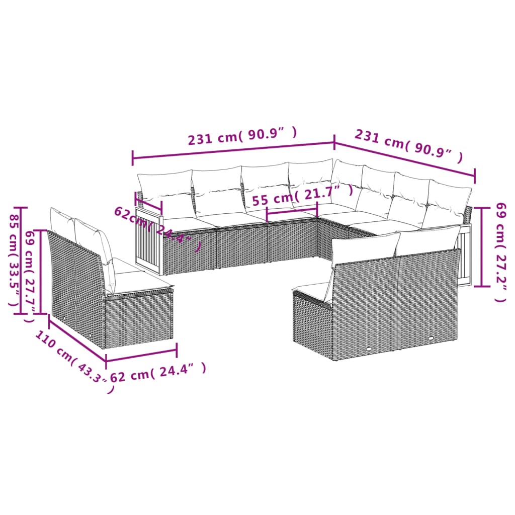 vidaXL 11 részes bézs polyrattan kerti ülőgarnitúra párnákkal