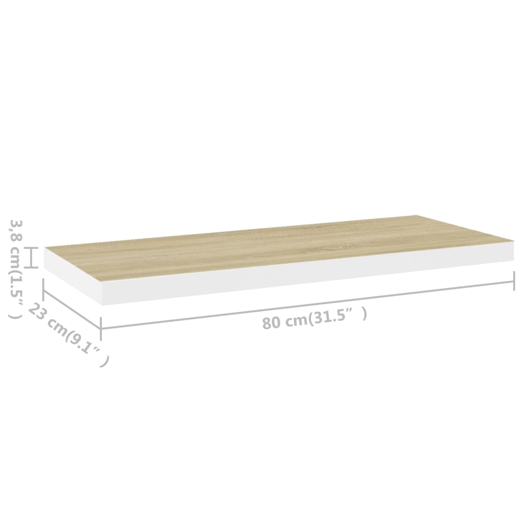 vidaXL 2 db tölgyszínű és fehér MDF lebegő fali polc 80x23,5x3,8 cm