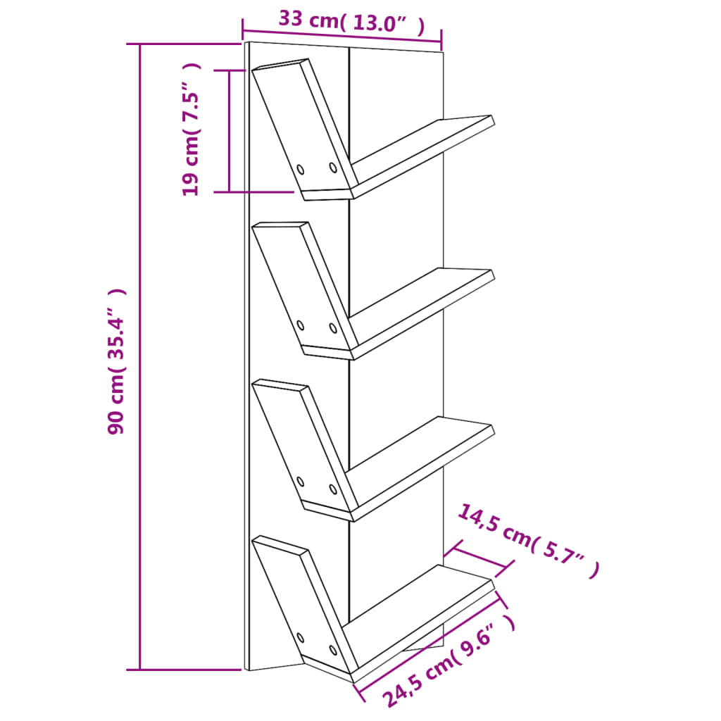 vidaXL 4 szintes betonszürke fali könyvespolc 33 x 16 x 90 cm