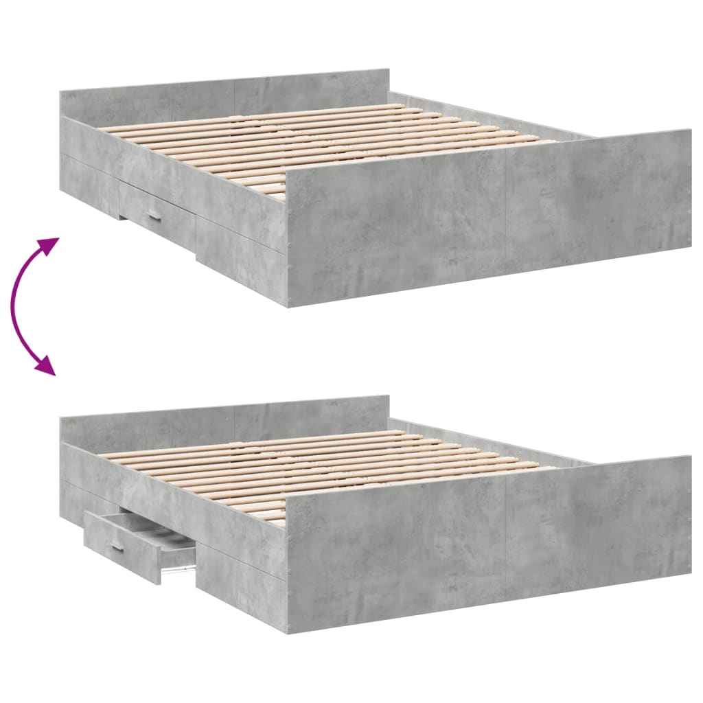 vidaXL betonszürke szerelt fa ágykeret fiókokkal 140x200 cm