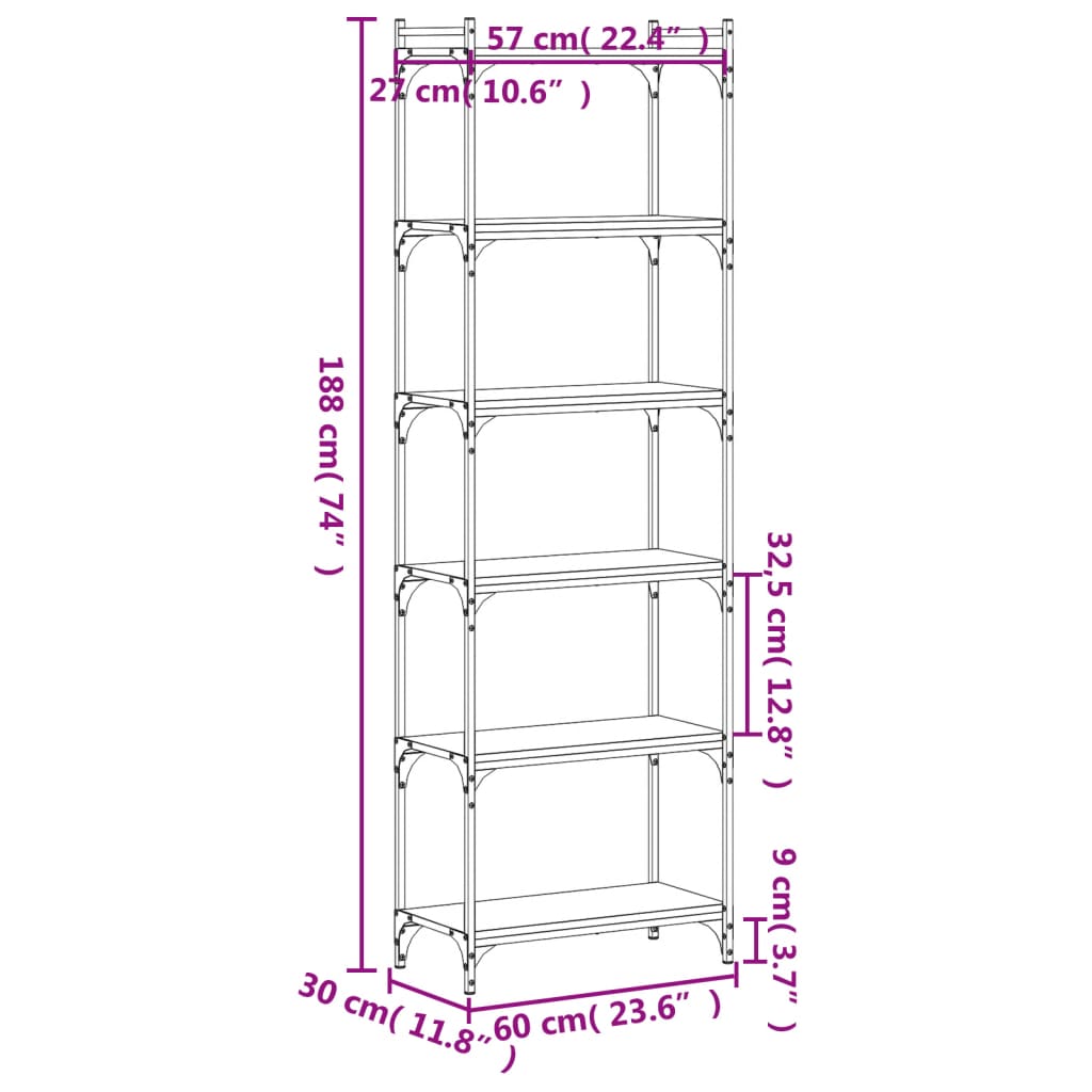 vidaXL 6 szintes barna tölgy színű szerelt fa könyvespolc 60x30x188 cm