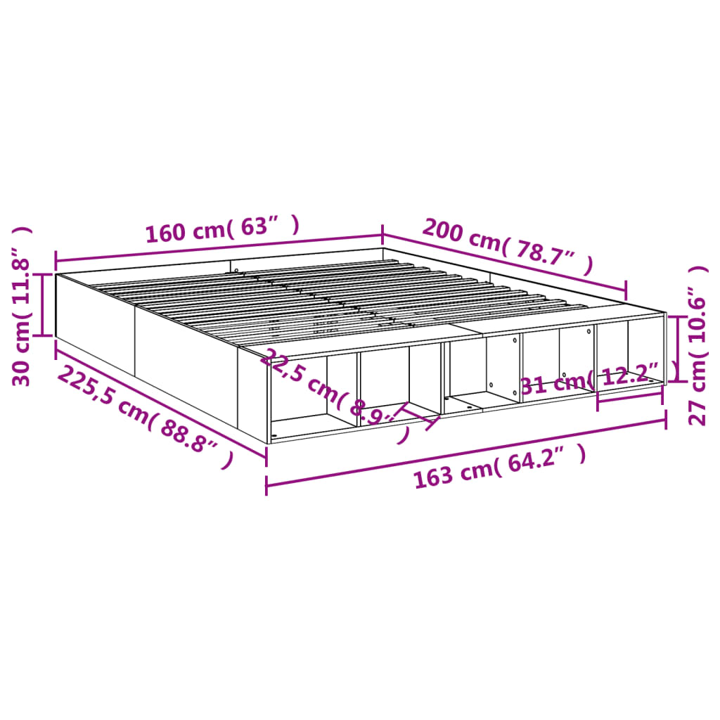 vidaXL füstös tölgy színű szerelt fa ágykeret 160 x 200 cm