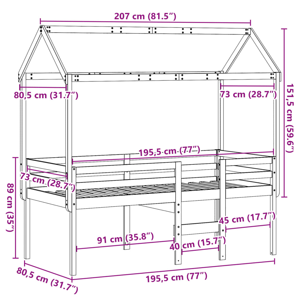 vidaXL fehér tömör fenyőfa magasított ágy tetővel 75 x 190 cm