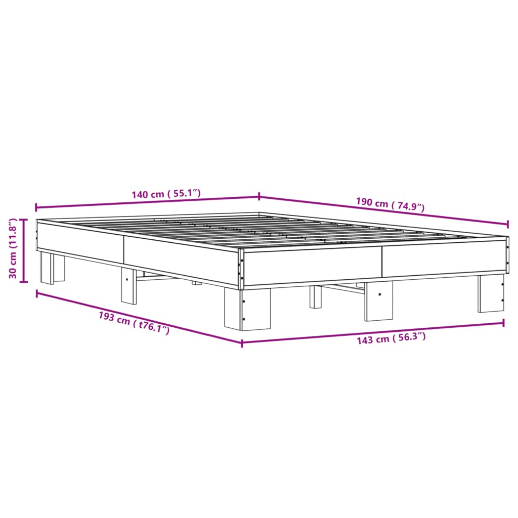 vidaXL fekete szerelt fa és fém ágykeret 140x190 cm