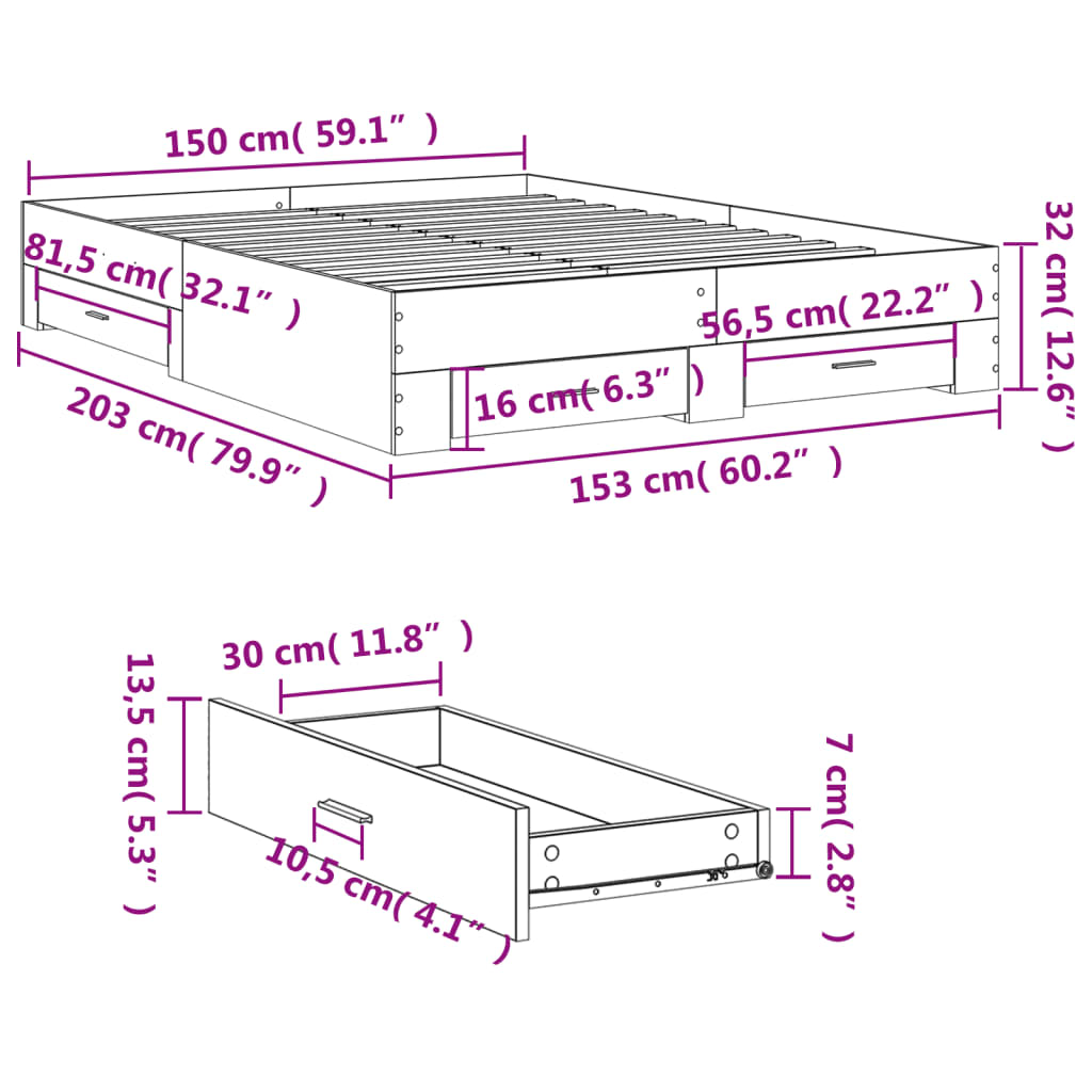 vidaXL füstös tölgy színű szerelt fa ágykeret fiókokkal 150x200 cm