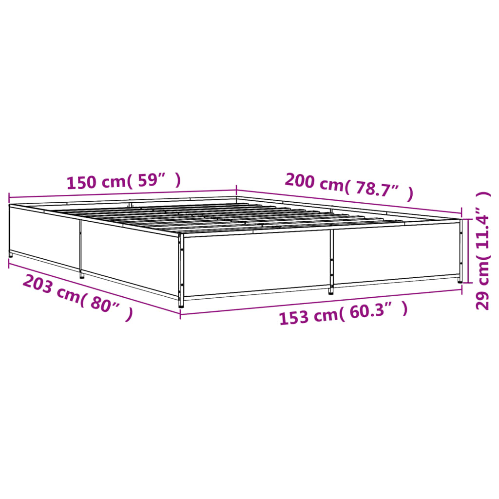 vidaXL füstös tölgy színű szerelt fa és fém ágykeret 150 x 200 cm