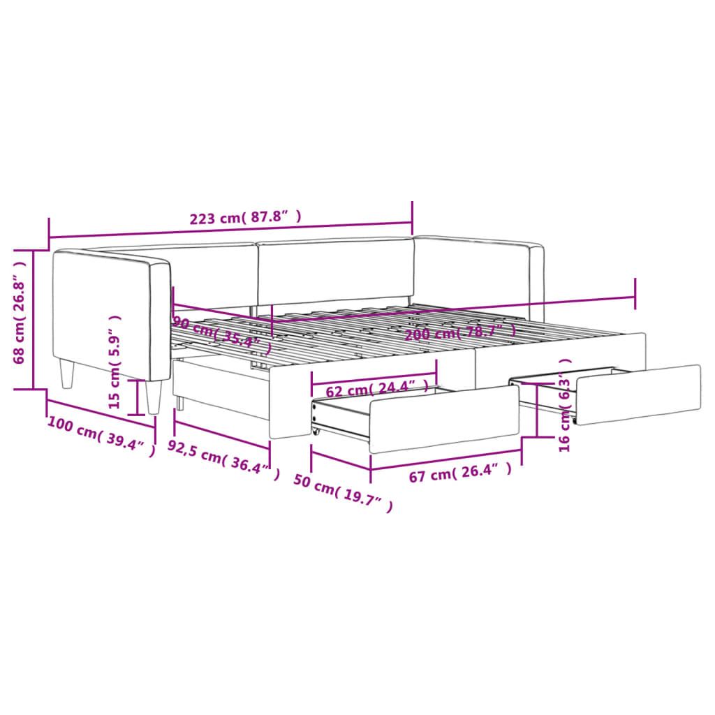 vidaXL sötétszürke kihúzható szövet heverő fiókokkal 90 x 200 cm