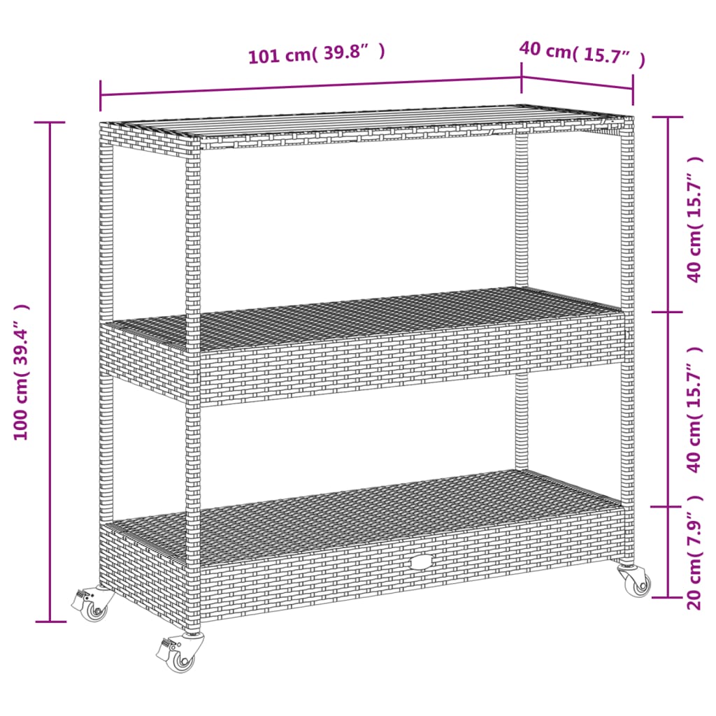 vidaXL 3 szintes szürke polyrattan és tömör akácfa zsúrkocsi