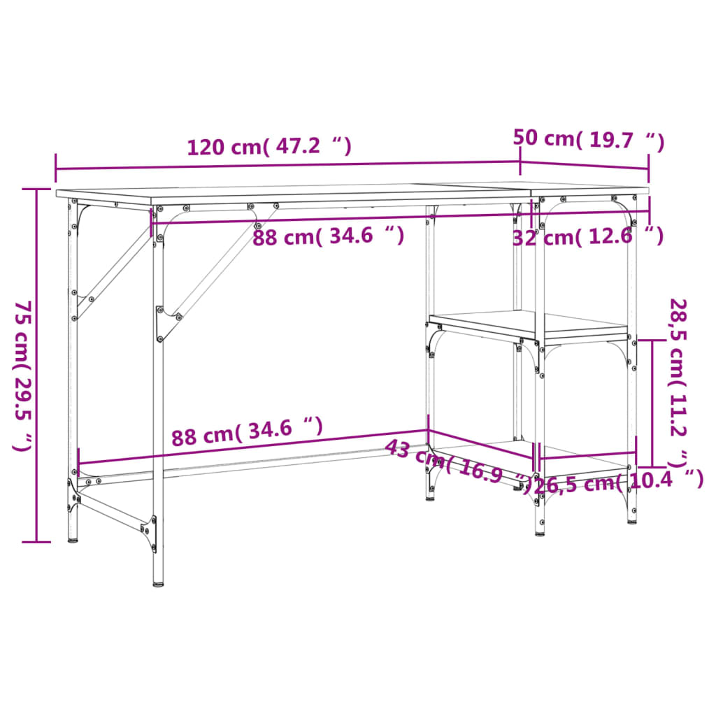 vidaXL barna tölgy színű fém és szerelt fa íróasztal 120 x 50 x 75 cm