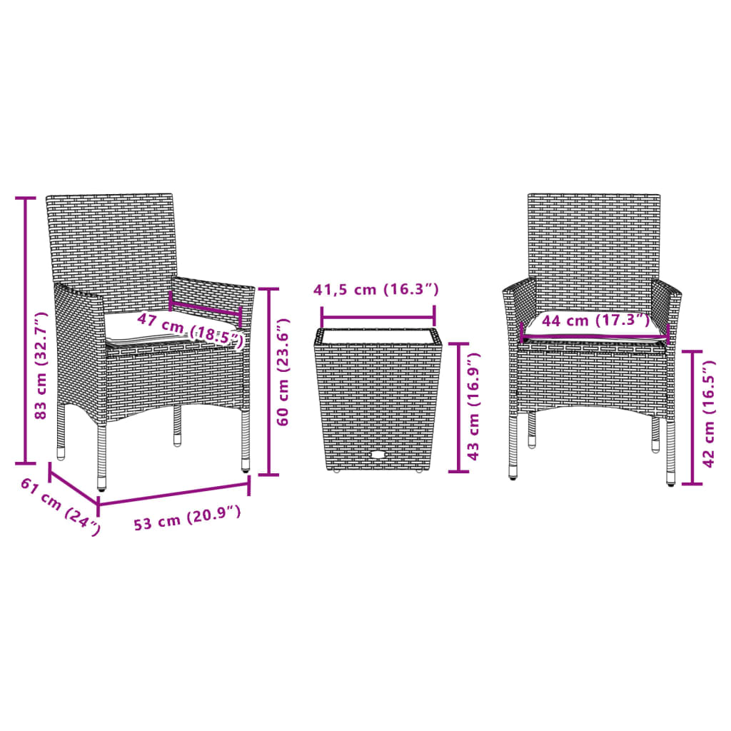 vidaXL 3 részes bézs polyrattan/üveg bisztrógarnitúra párnával