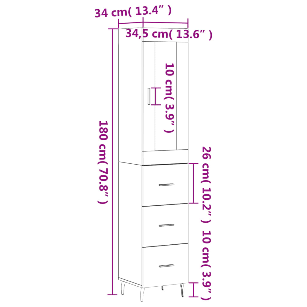 vidaXL magasfényű fehér szerelt fa magasszekrény 34,5 x 34 x 180 cm