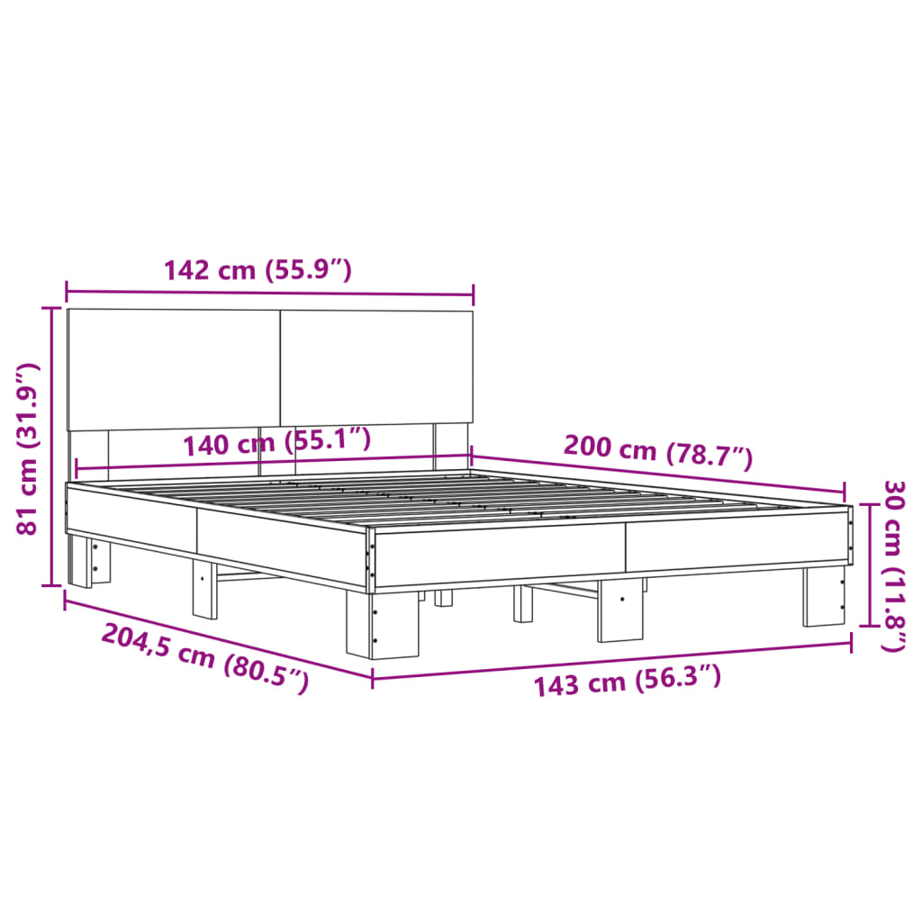 vidaXL barna tölgyszínű szerelt fa és fém ágykeret 140 x 200 cm