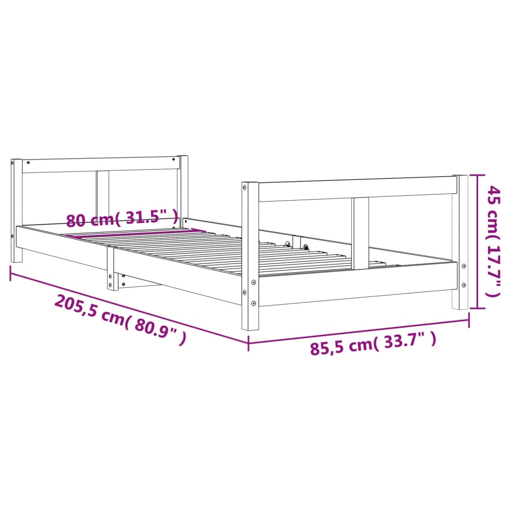 vidaXL fekete tömör fenyőfa gyerekágykeret 80 x 200 cm