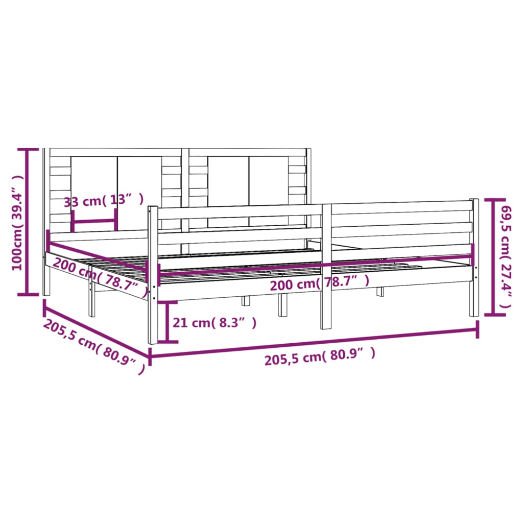 vidaXL fekete tömör fenyőfa ágykeret 200 x 200 cm