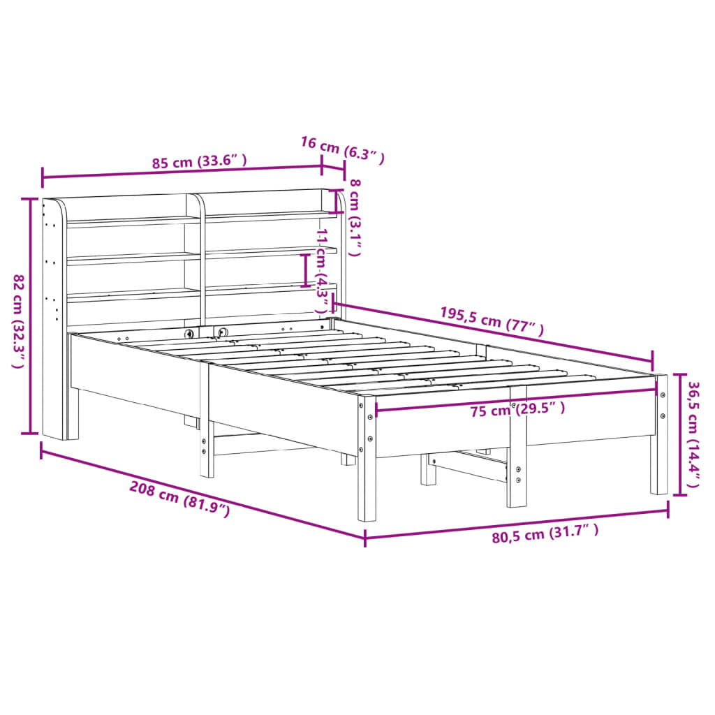 vidaXL fehér tömör fenyőfa ágy matrac nélkül 75 x 190 cm