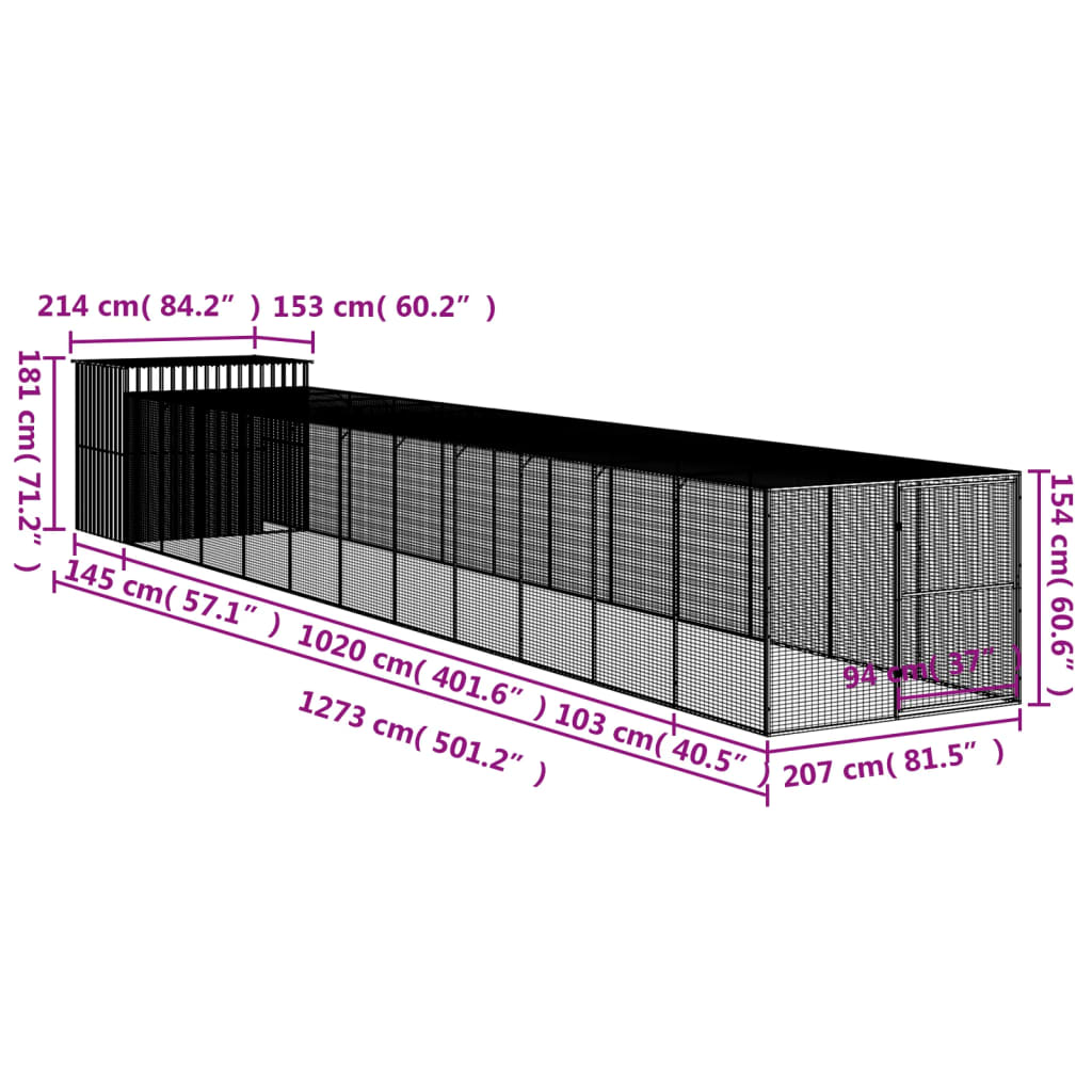 vidaXL világosszürke horganyzott acél tetős kutyakennel 214x1273x181cm