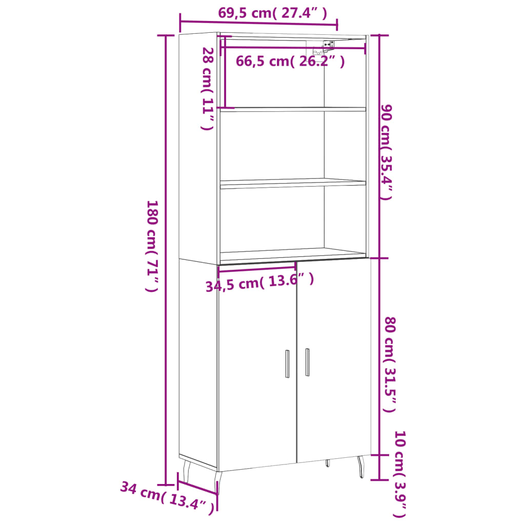 vidaXL betonszürke szerelt fa magasszekrény 69,5 x 34 x 180 cm